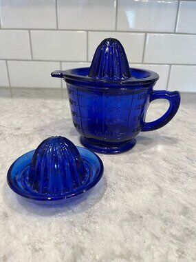Measuring Cup Vintage Cobalt Blue With 2 Piece Juicer Reamer Pristine